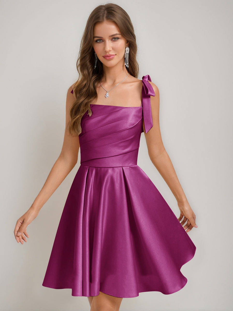 A-Line/Princess Square Pleated Mini Dresses Short Homecoming Dresses with Bow(s)