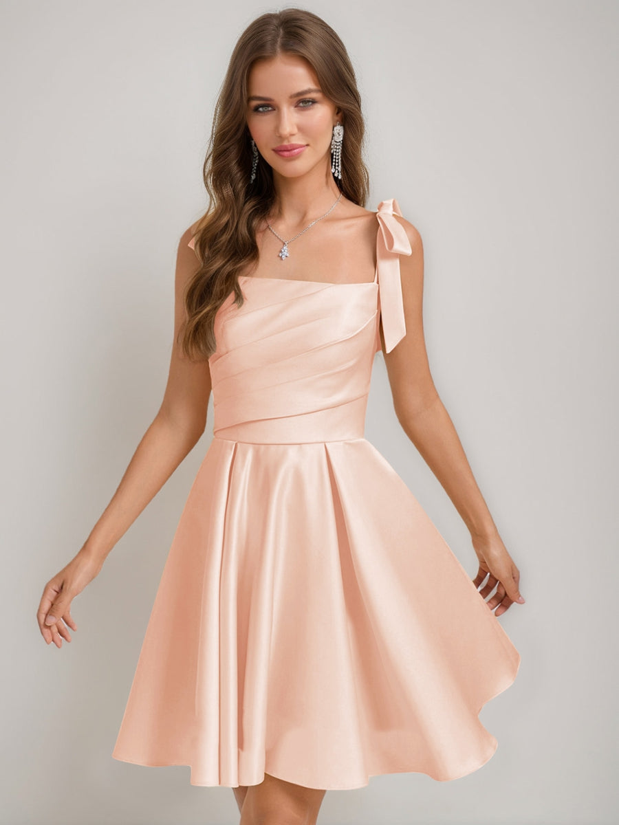 A-Line/Princess Square Pleated Mini Dresses Short Homecoming Dresses with Bow(s) Peach Pink A-Line/Princess Square Pleated Mini Dresses Short Homecoming Dresses with Bow(s) Peach Pink