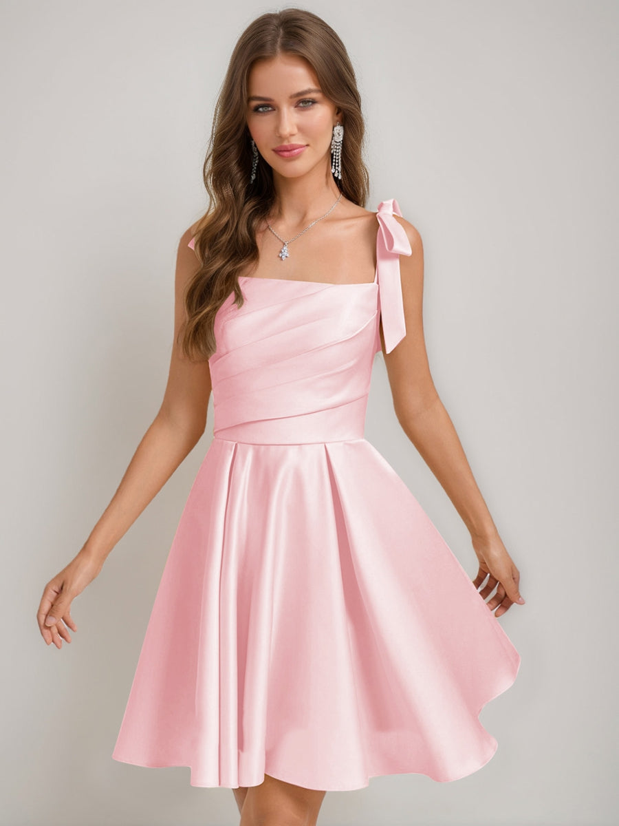 A-Line/Princess Square Pleated Mini Dresses Short Homecoming Dresses with Bow(s)