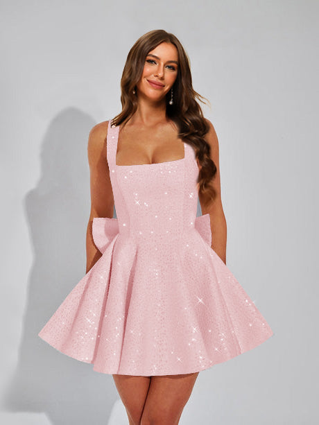 A-Line Square Neck Sequin Short Homecoming Dresses with Bow, White A-Line Square Neck Sequin Short Homecoming Dresses with Bow, White