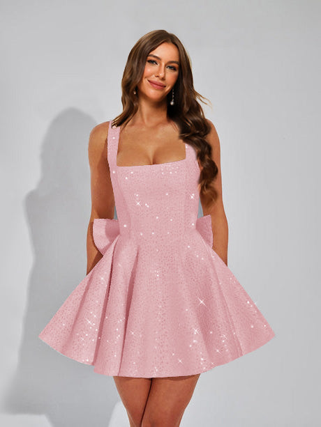 A-Line Square Neck Sequin Short Homecoming Dresses with Bow