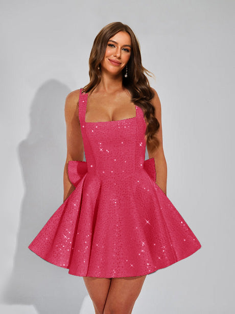 A-Line Square Neck Sequin Short Homecoming Dresses with Bow