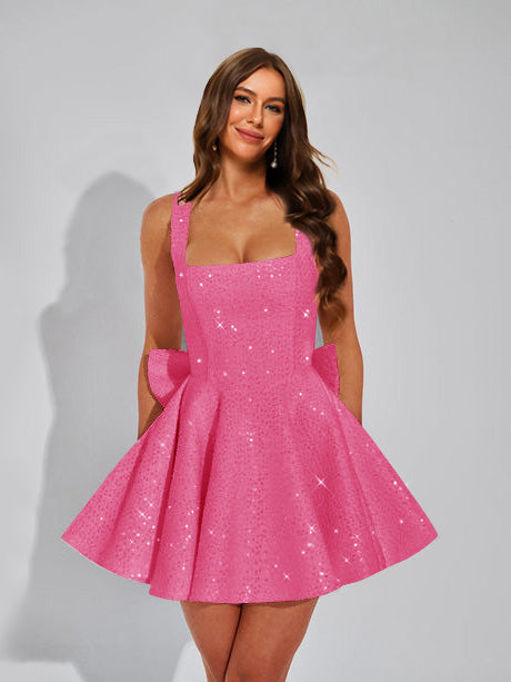 A-Line Square Neck Sequin Short Homecoming Dresses with Bow