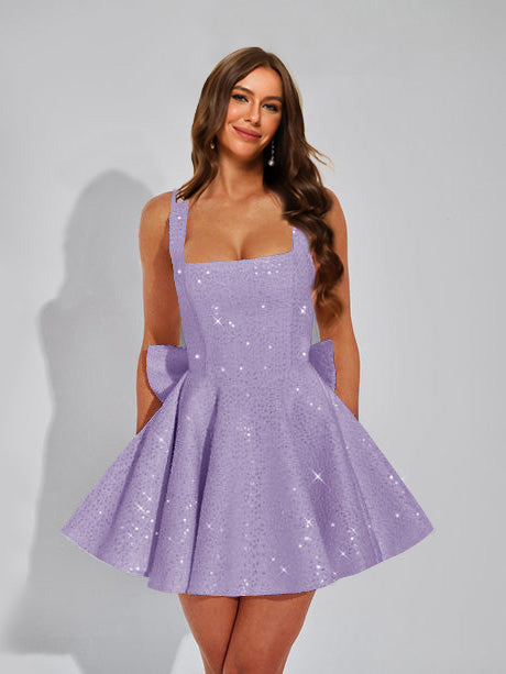 A-Line Square Neck Sequin Short Homecoming Dresses with Bow