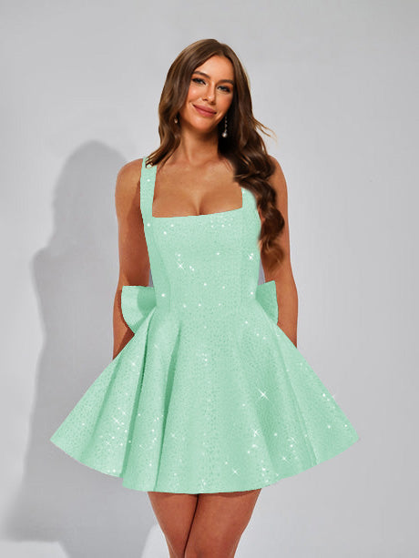 A-Line Square Neck Sequin Short Homecoming Dresses with Bow