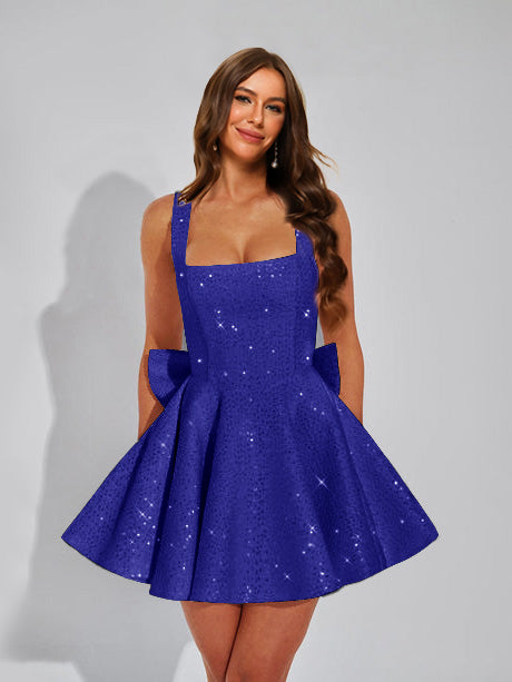 A-Line Square Neck Sequin Short Homecoming Dresses with Bow