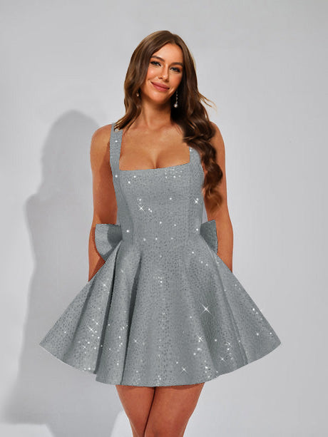 A-Line Square Neck Sequin Short Homecoming Dresses with Bow