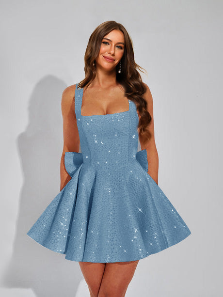 A-Line Square Neck Sequin Short Homecoming Dresses with Bow