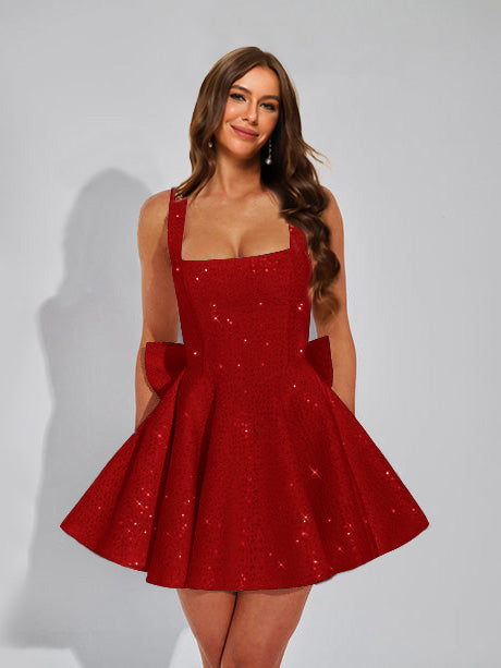 A-Line Square Neck Sequin Short Homecoming Dresses with Bow