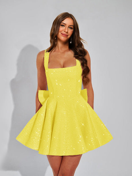 A-Line Square Neck Sequin Short Homecoming Dresses with Bow - Mondressy A-Line Square Neck Sequin Short Homecoming Dresses with Bow - Mondressy
