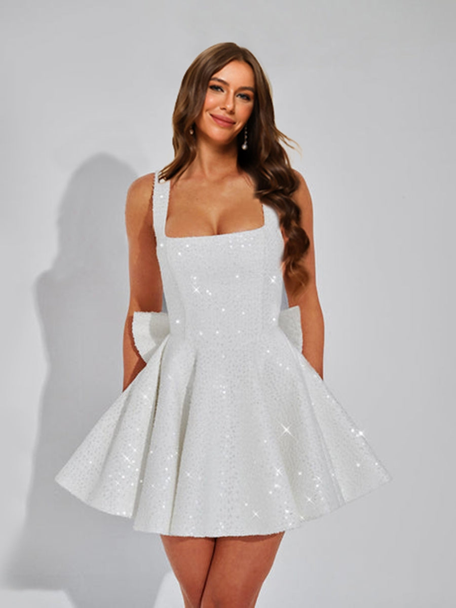 A-Line Square Neck Sequin Short Homecoming Dresses with Bow, White A-Line Square Neck Sequin Short Homecoming Dresses with Bow, White