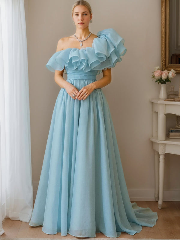 A-Line/Princess One-Shoulder Short Sleeves Floor-Length Pleated Prom Dresses with Sash & Ruffles