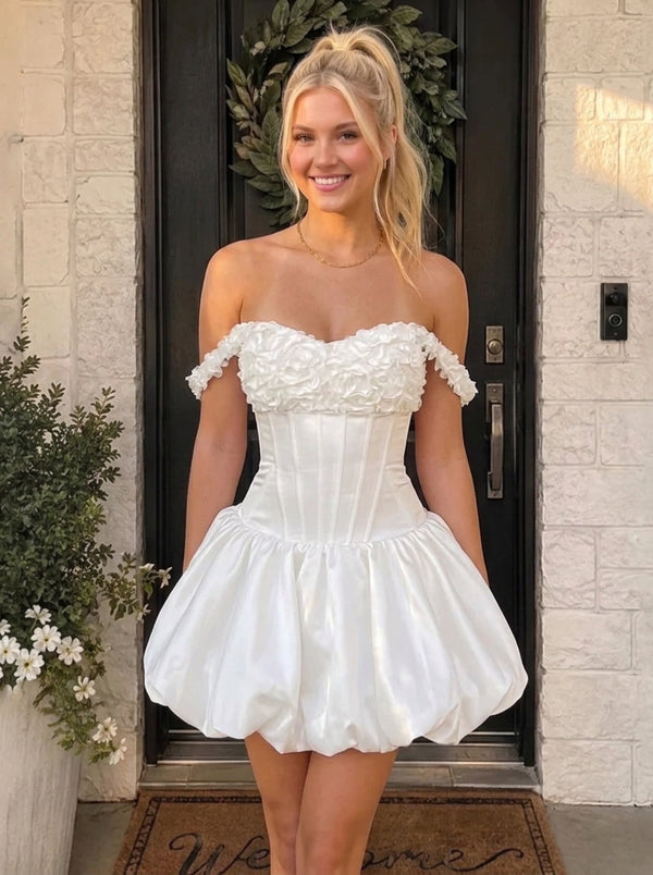 A-Line/Princess Off-the-shoulder Sleeveless Pleated Short/Mini Homecoming Dresses with 3D Flowers