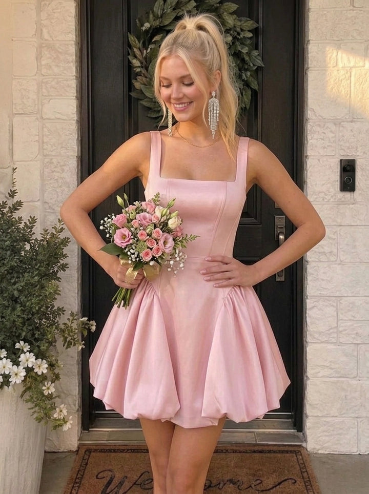 A-Line/Princess Square Neck Sleeveless Pleated Short/Mini Homecoming Dresses with Lace-up