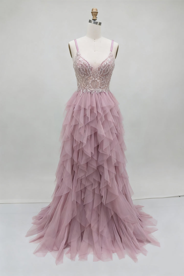 Sheath/Column V-Neck Prom Dresses Lace Sleeveless Sweep Train with Appliques