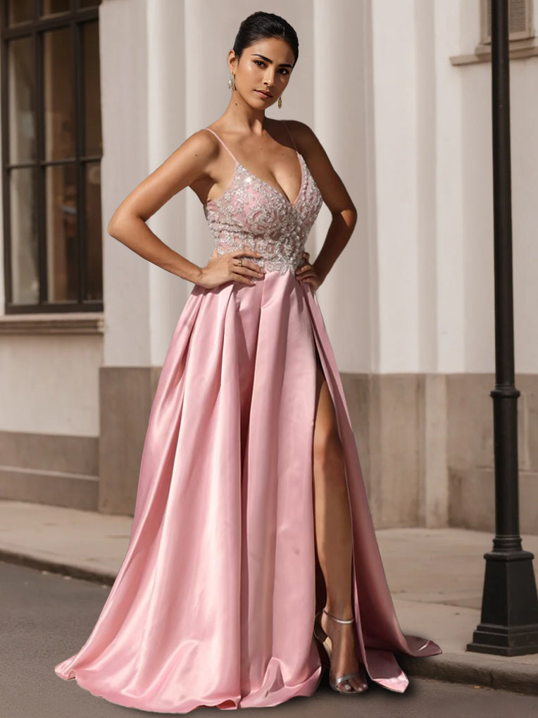 A-Line/Princess V-Neck Spaghetti Straps Prom Dresses Satin Lace Sweep Train With Split Side