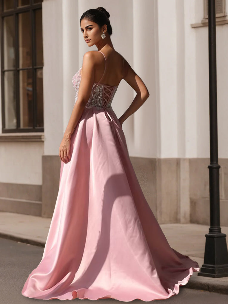 A-Line/Princess V-Neck Spaghetti Straps Prom Dresses Satin Lace Sweep Train With Split Side