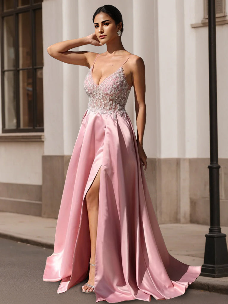 A-Line/Princess V-Neck Spaghetti Straps Prom Dresses Satin Lace Sweep Train With Split Side