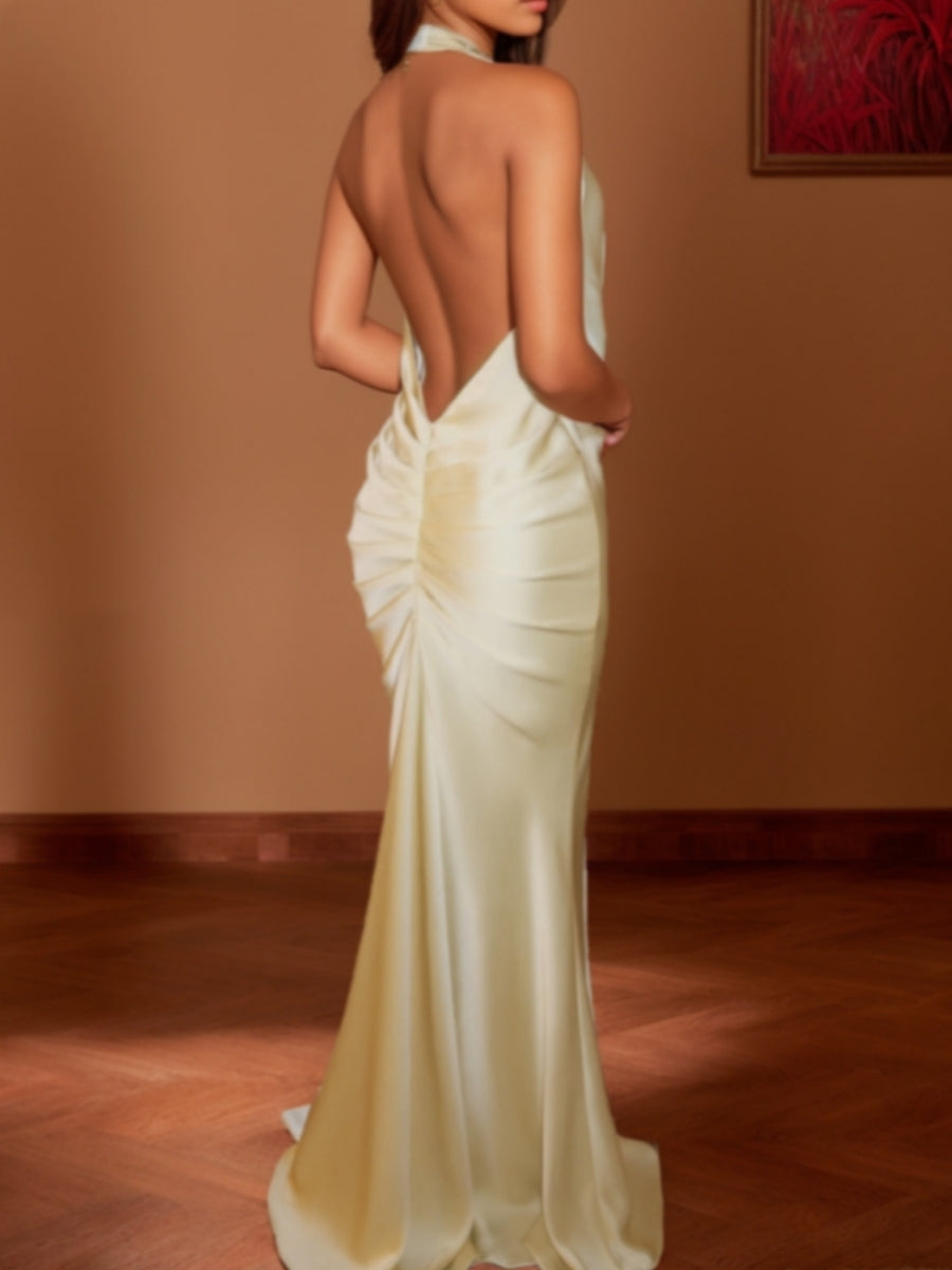 Trumpet/Mermaid Halter Prom Dresses Ruched Deep V-Neck Floor-Length Backless