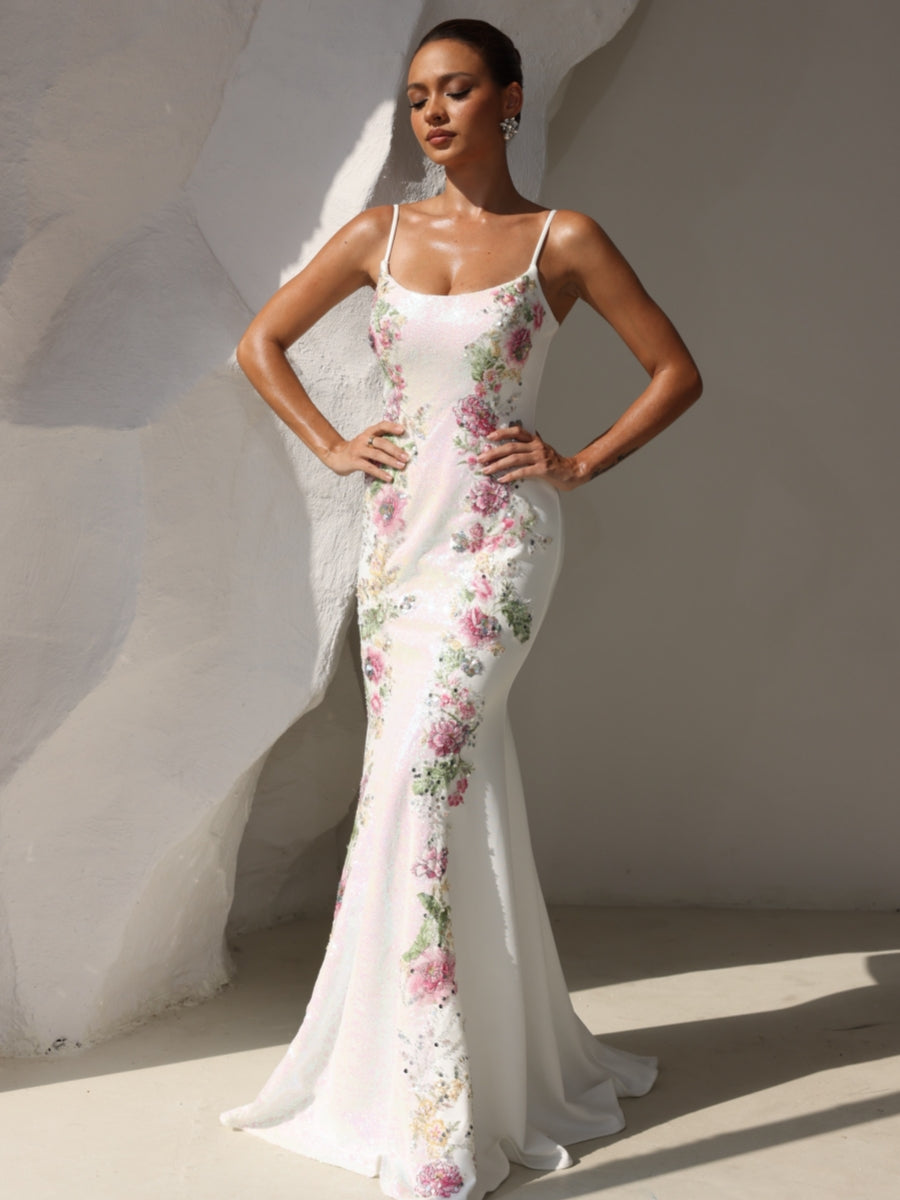 Floral Sequin Prom Dress 2026 White Spaghetti Strap Slim Mermaid Elegant Garden Party Long Formal Evening Gown for Special Events