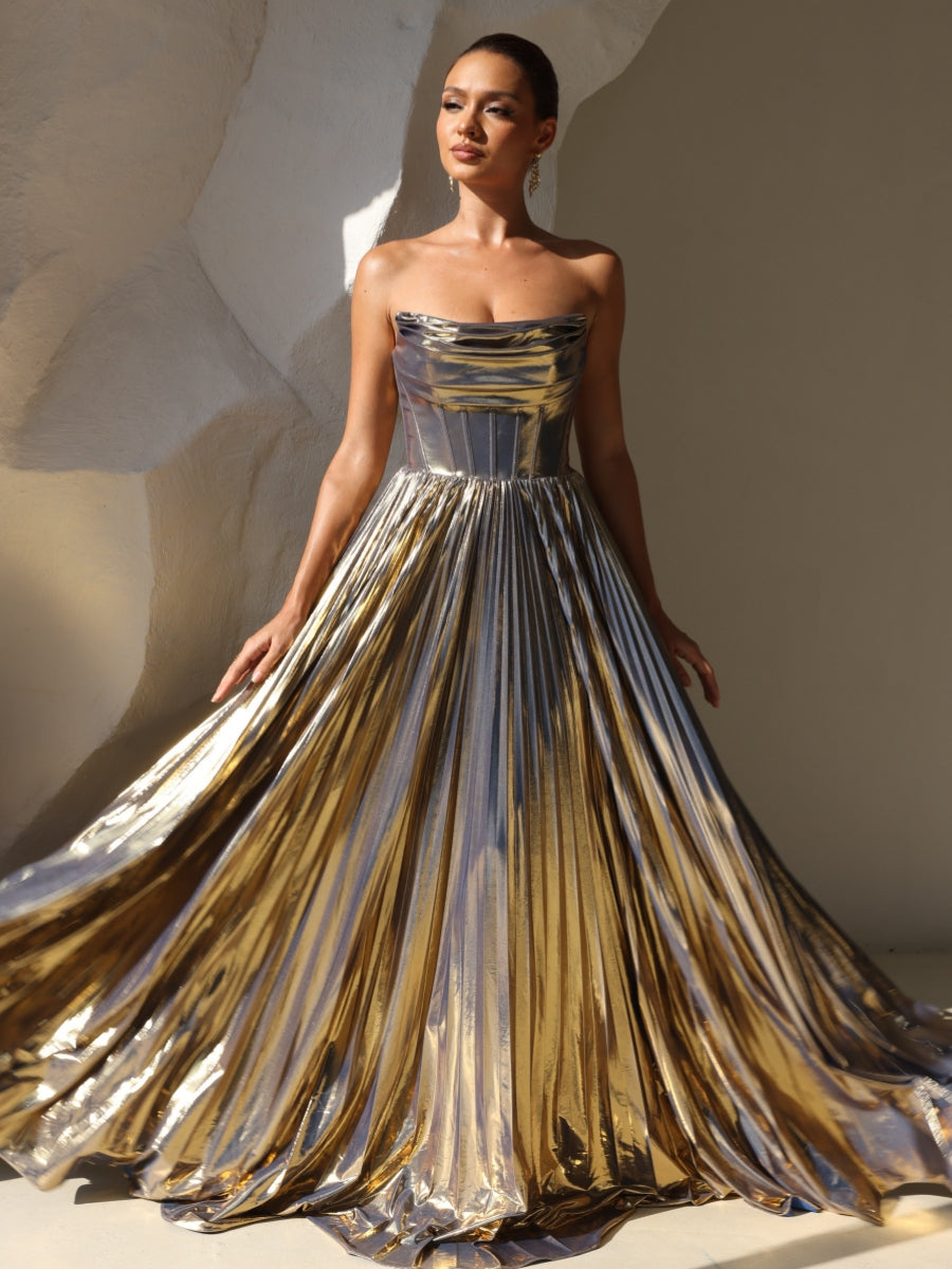 A-Line/Princess Evening Dress Strapless Formal Prom Long Pleated Dresses With Split Side