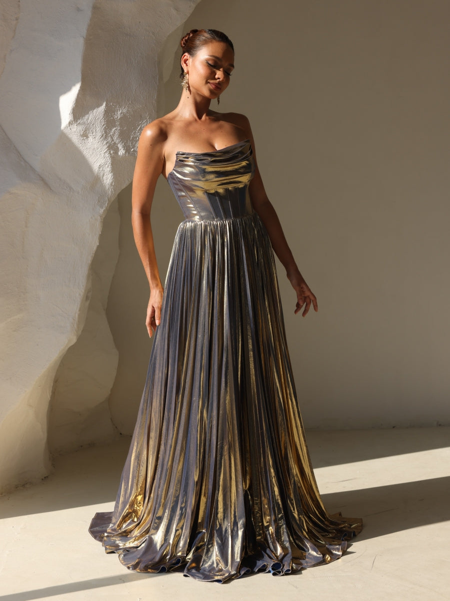 Metallic Gold Prom Dress Pleated 2026 Strapless Corset Top Luxury A-Line Maxi Gown Shiny Formal Evening Dress for Gala & Red Carpet, Gold Metallic Gold Prom Dress Pleated 2026 Strapless Corset Top Luxury A-Line Maxi Gown Shiny Formal Evening Dress for Gala & Red Carpet, Gold