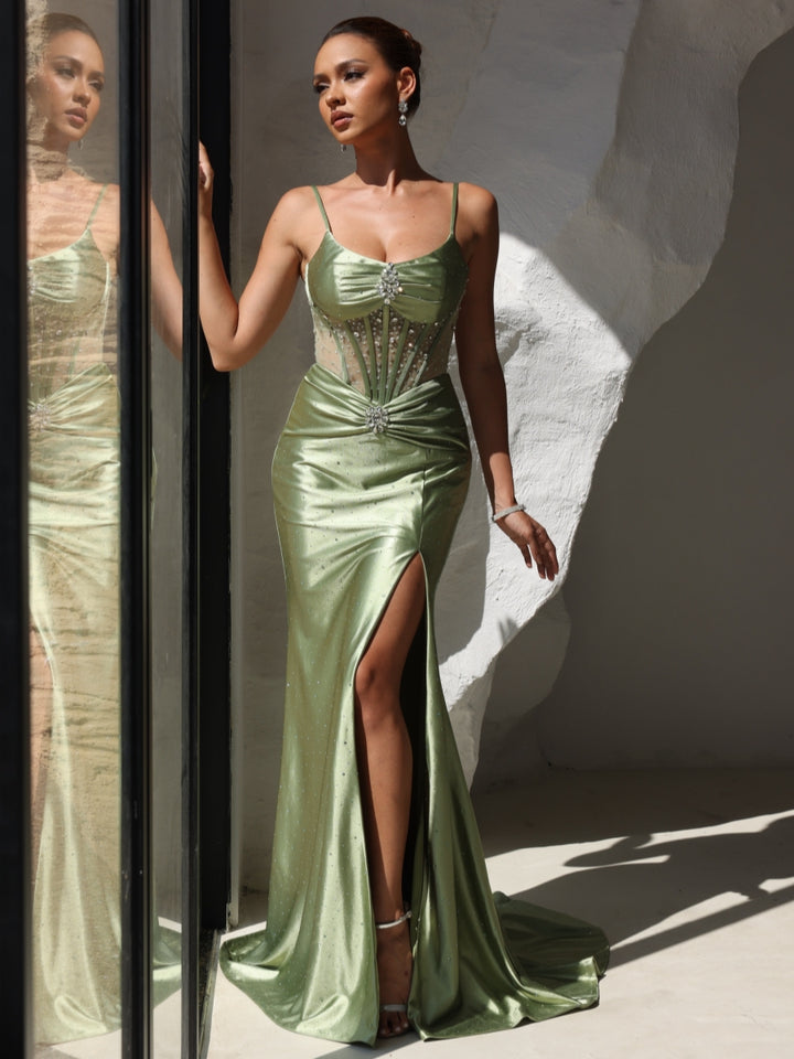 Trumpet/Mermaid Spaghetti Straps Prom Dresses with Split Side Floor-Length Silk Satin Formal Evening Dresses