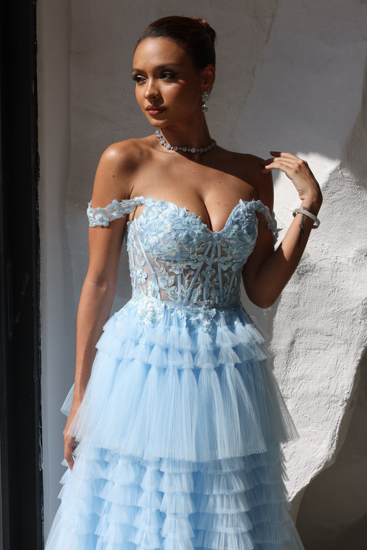 A-Line/Princess Strapless Prom Dresses Floor-Length Tulle Lace Formal Evening Dresses