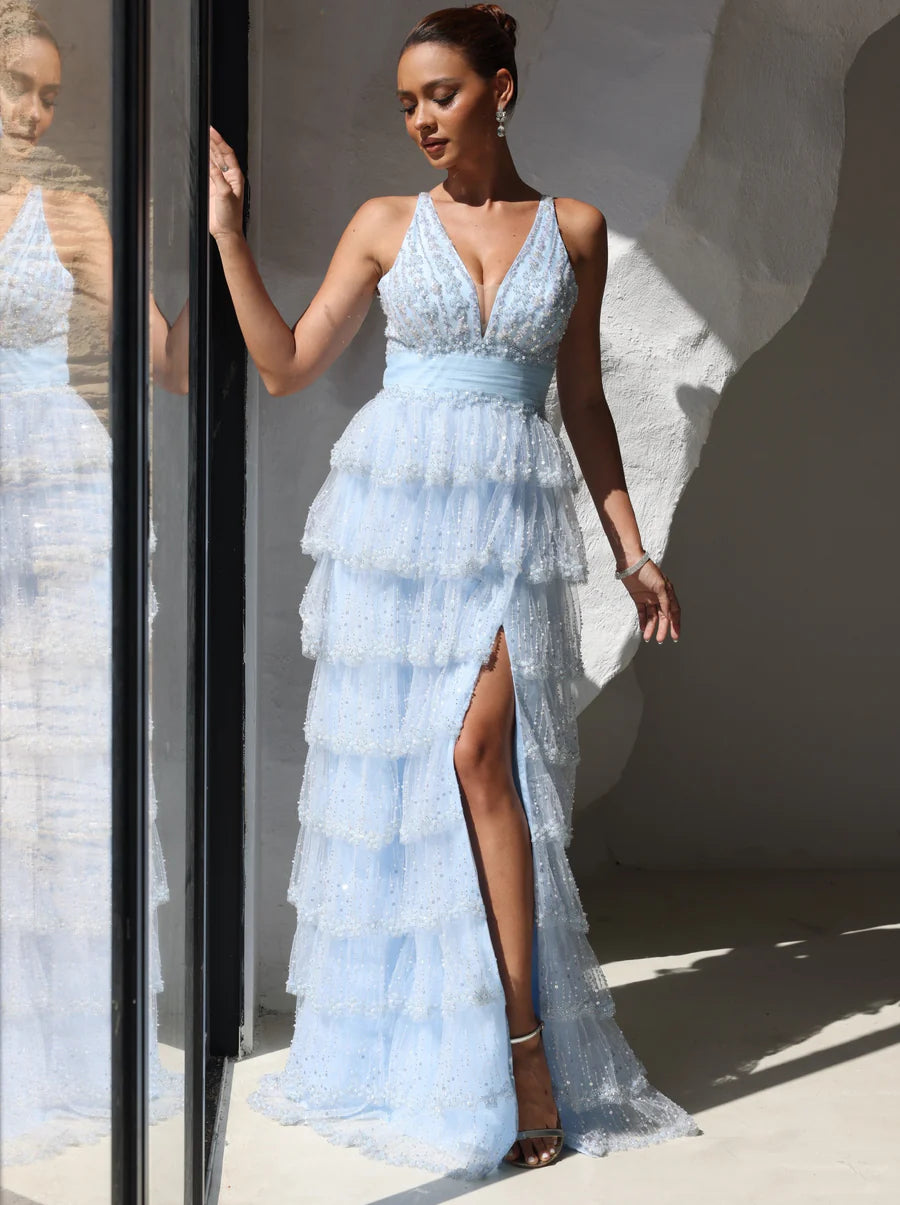 Deep V Sequin Prom Dress 2026 Light Blue Tiered Ruffle Tulle Gown with High Slit Elegant Long Formal Evening Party Dress, Sky Blue