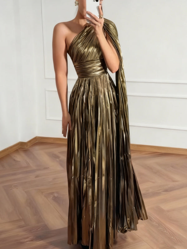 A-Line/Princess One-Shoulder Prom Dresses with Watteau Train Pleated Floor-Length Formal Dresses