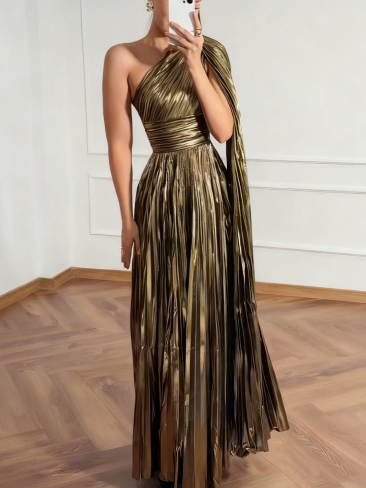 A-Line/Princess One-Shoulder Prom Dresses with Watteau Train Pleated Floor-Length Formal Dresses