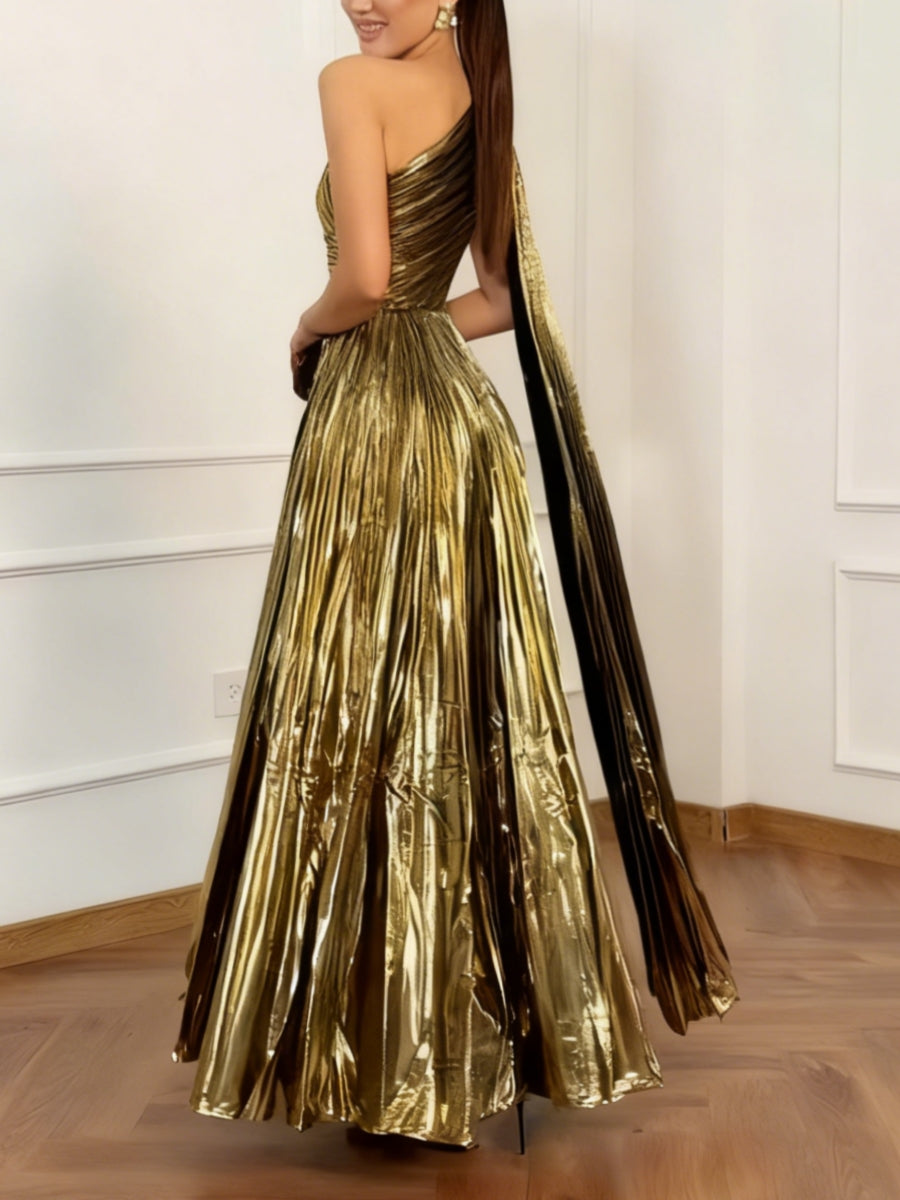 A-Line/Princess One-Shoulder Prom Dresses with Watteau Train Pleated Floor-Length Formal Dresses