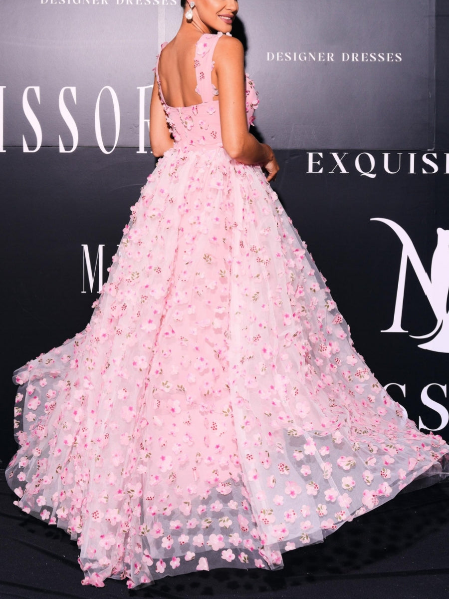 A-Line/Princess Square Collar Prom Dresses Tulle Flower Floor-Length Formal Dresses With Split Side Black