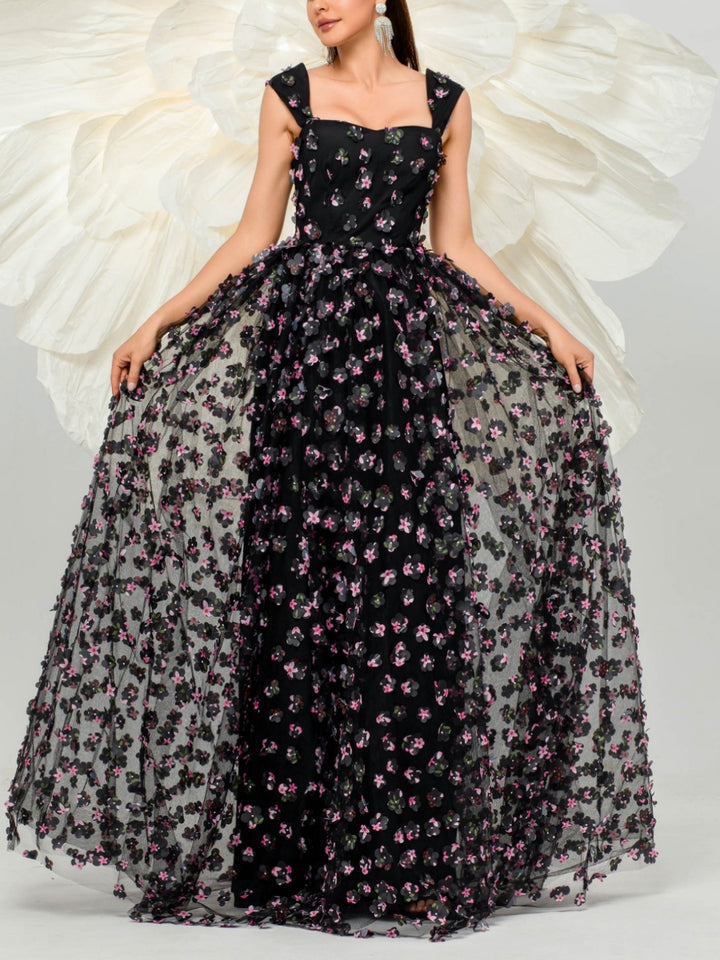 A-Line/Princess Square Collar Prom Dresses Tulle Flower Floor-Length Formal Dresses With Split Side