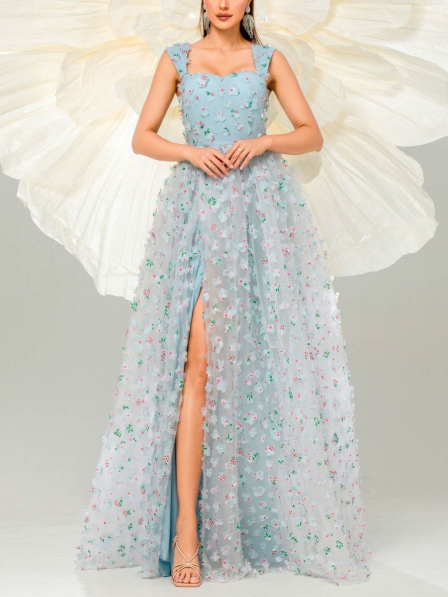 A-Line/Princess Square Collar Prom Dresses Tulle Flower Floor-Length Formal Dresses With Split Side