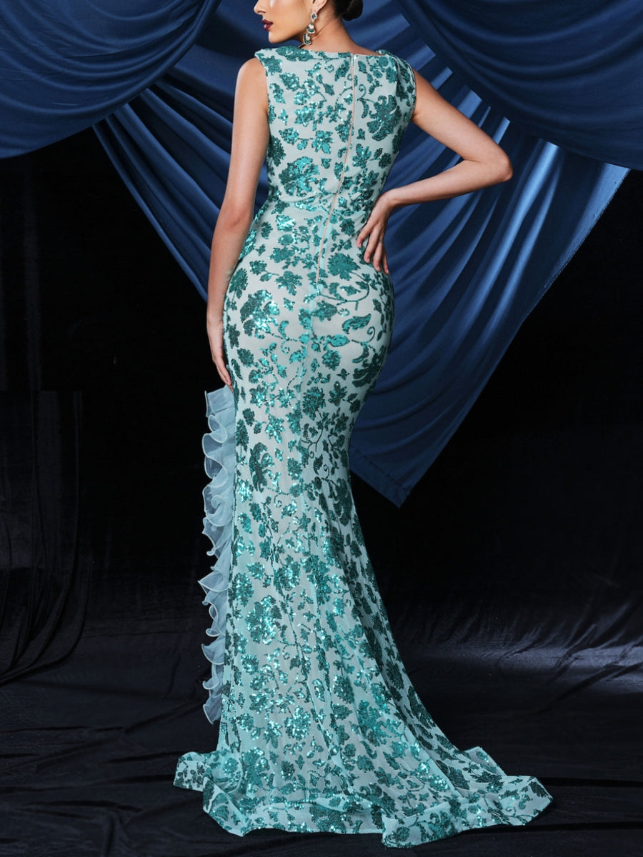 Trumpet/Mermaid V-Neck Prom Dresses Sequins Floor-Length Formal Dresses With Split Side