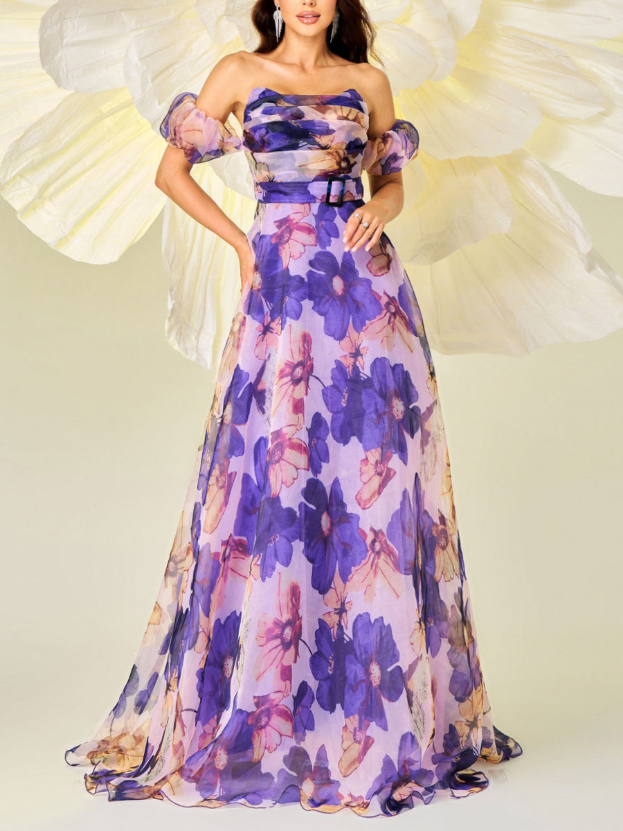 A-Line/Princess Strapless Prom Dresses Floral Chiffon Floor-Length Sleeveless Formal Dresses