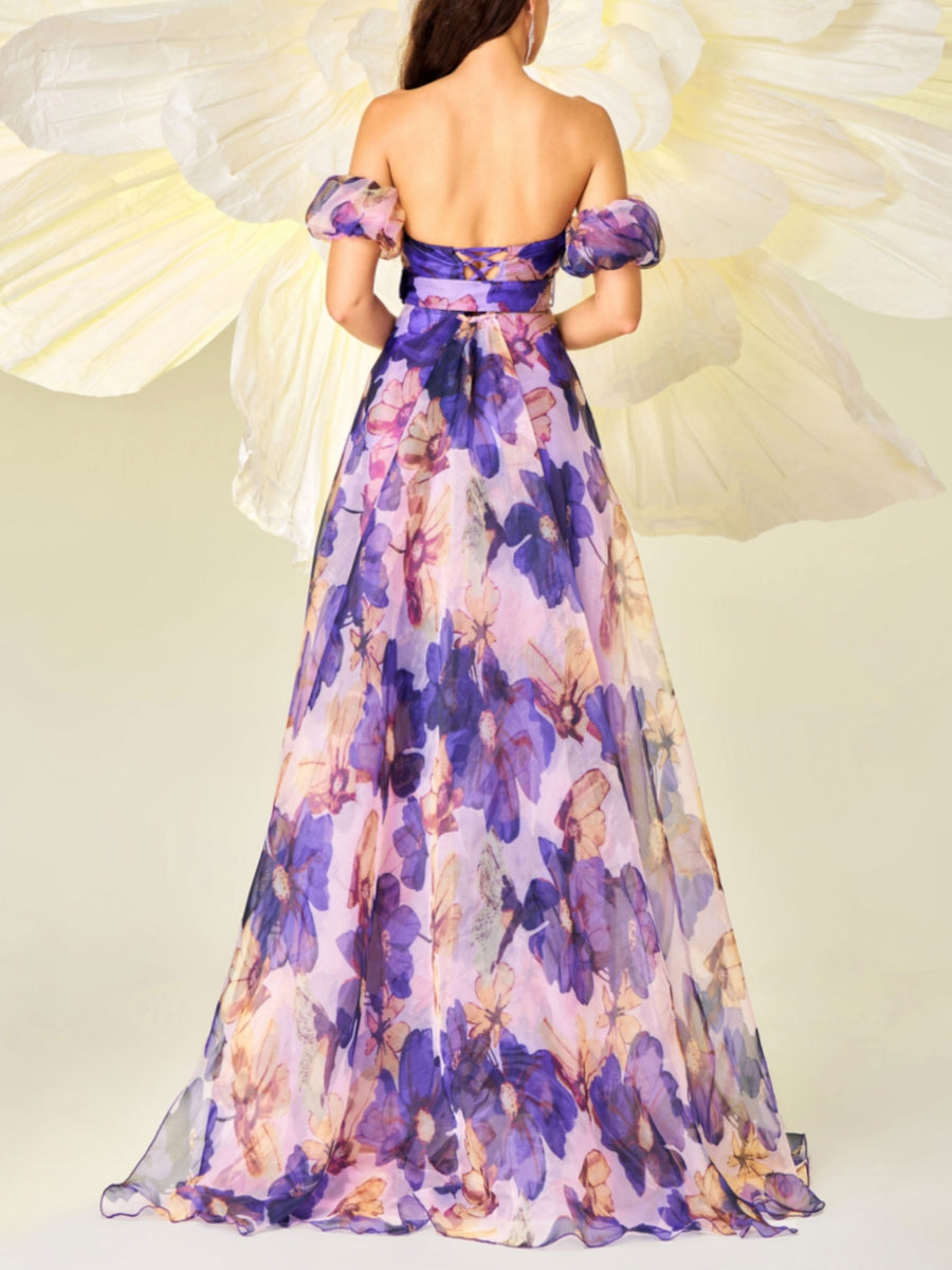 A-Line/Princess Strapless Prom Dresses Floral Chiffon Floor-Length Sleeveless Formal Dresses