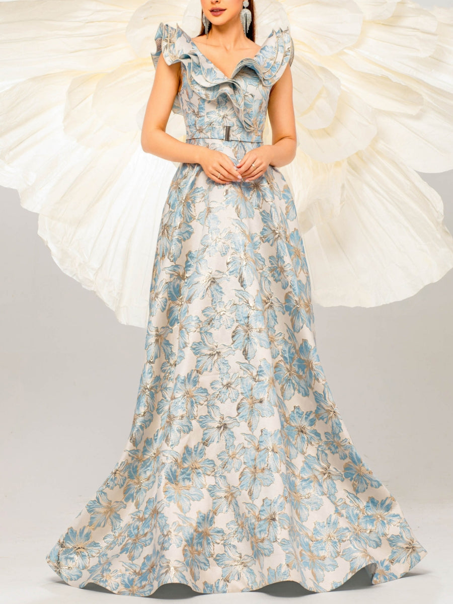 Trumpet/Mermaid V-Neck Prom Dresses Floral Satin Floor-Length Sleeveless Formal Dresses Ruffles