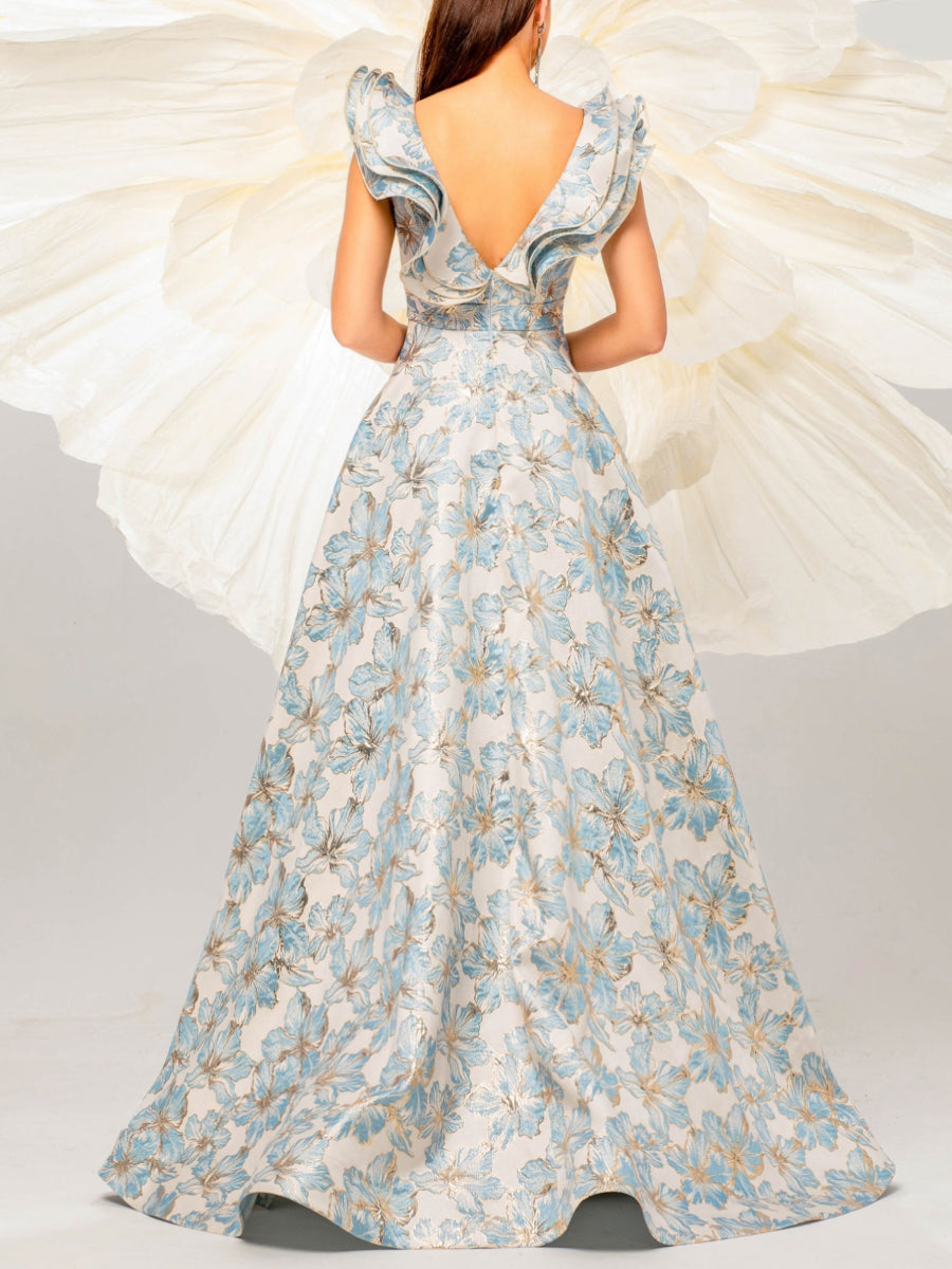 Trumpet/Mermaid V-Neck Prom Dresses Floral Satin Floor-Length Sleeveless Formal Dresses Ruffles