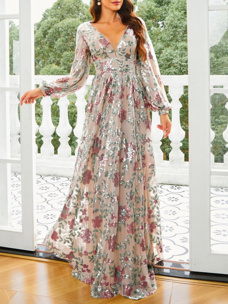 A-Line/Princess V-Neck Prom Dresses Floral Sequins Floor-Length Long Sleeves Deep V-Back Formal Dresses
