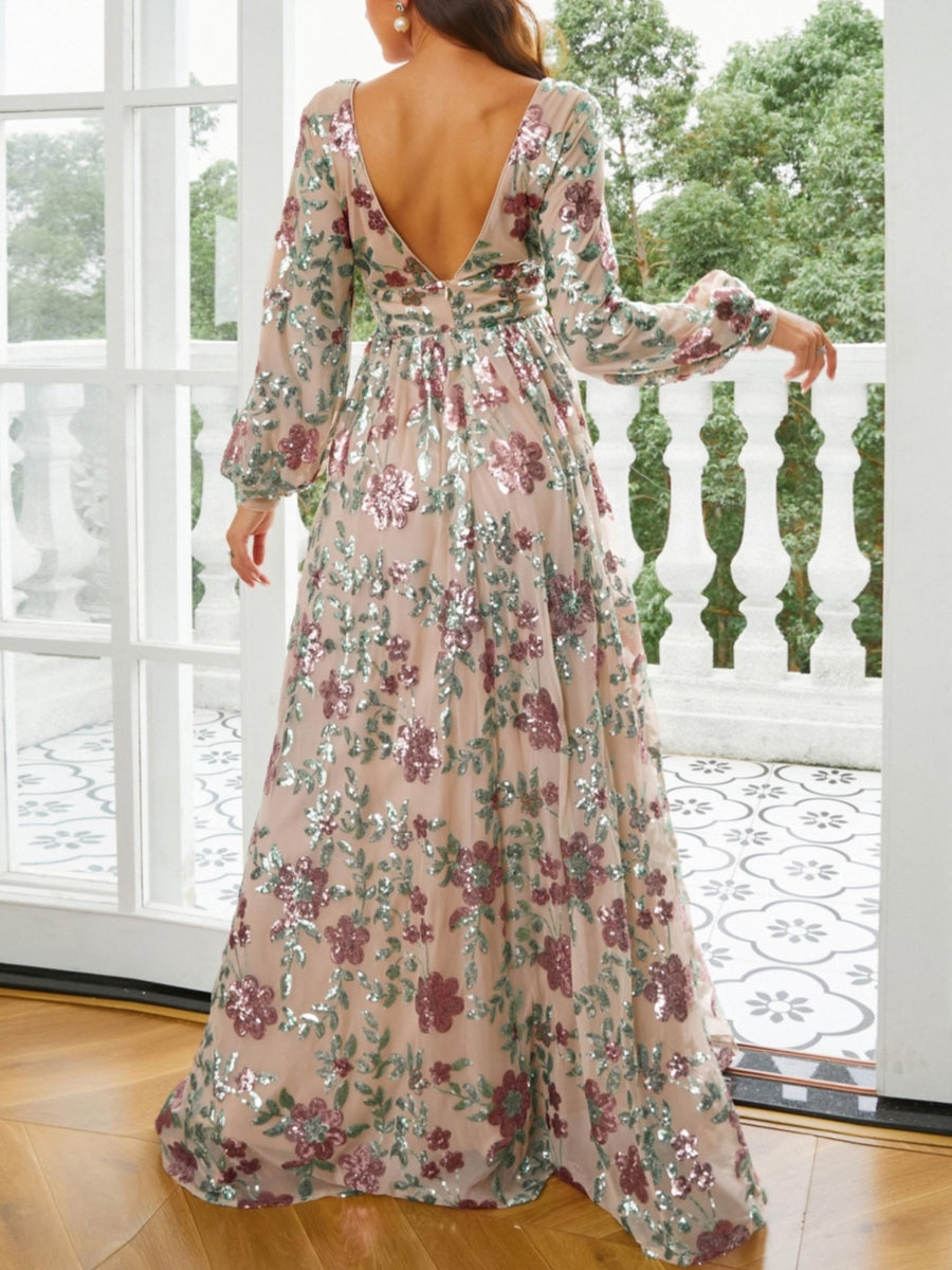 A-Line/Princess V-Neck Prom Dresses Floral Sequins Floor-Length Long Sleeves Deep V-Back Formal Dresses