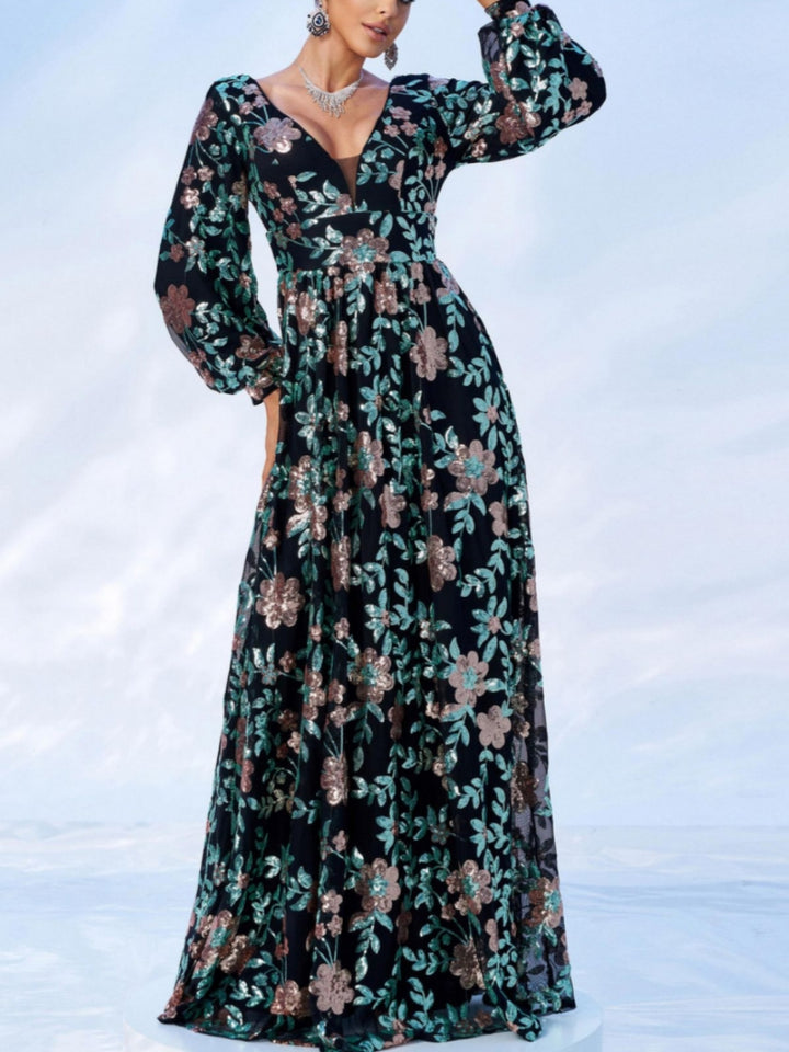 A-Line/Princess V-Neck Prom Dresses Floral Sequins Floor-Length Long Sleeves Deep V-Back Formal Dresses