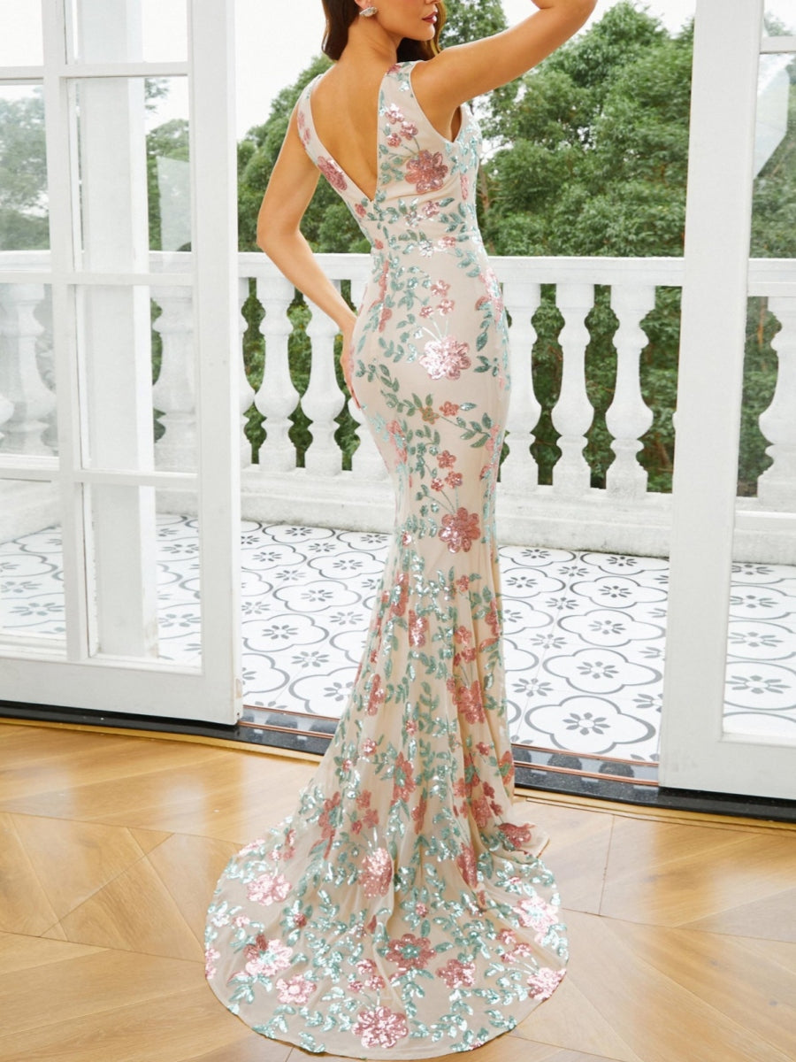 Trumpet/Mermaid V-Neck Prom Dresses Floral Sequins Floor-Length Sleeveless Sweep Train Formal Dresses