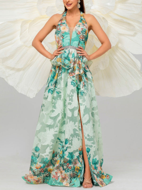 A-Line/Princess Halter Prom Dresses Split Side Floral Chiffon Floor-Length Sleeveless Formal Dresses