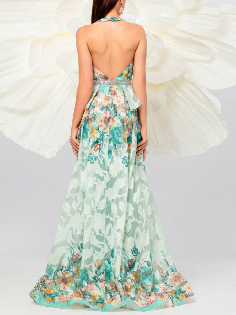 Floral Print Prom Dress 2026 Deep V-Neck Ruffle Waist A-Line Maxi Gown Elegant High Slit Formal Evening Dress for Spring Party, Green / S