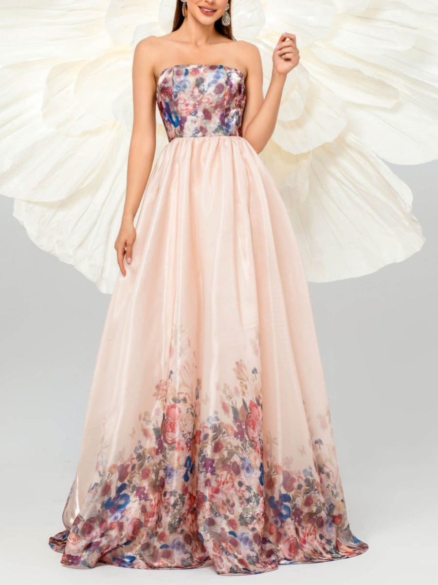 A-Line/Princess Strapless Prom Dresses Floral Printed Floor-Length Sleeveless Lace-Up Formal Dresses