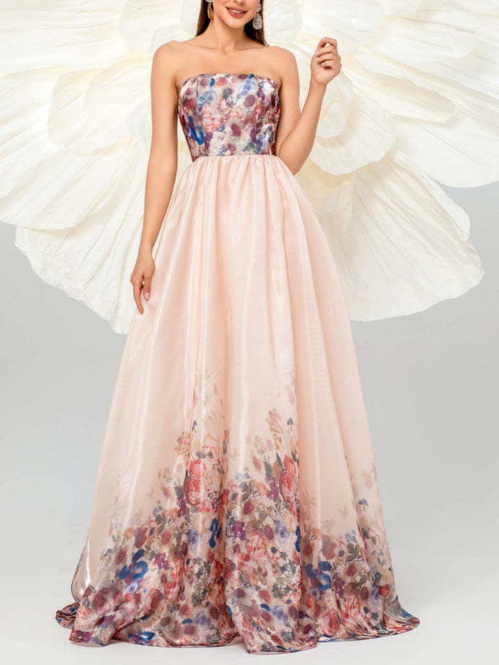 A-Line/Princess Strapless Prom Dresses Floral Printed Floor-Length Sleeveless Lace-Up Formal Dresses