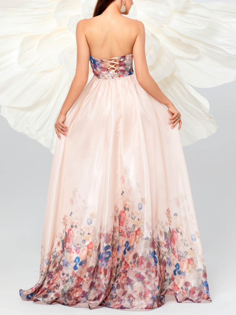 A-Line/Princess Strapless Prom Dresses Floral Printed Floor-Length Sleeveless Lace-Up Formal Dresses