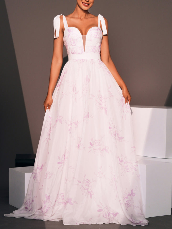 A-Line/Princess Sweetheart Spaghetti Straps Prom Dresses Floral Printed Floor-Length Sleeveless Formal Dresses